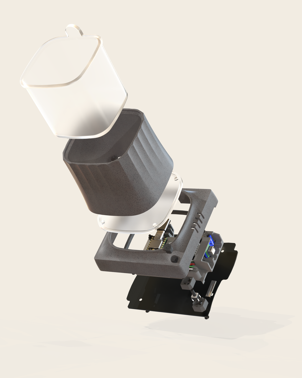 Exploded view of the MODUplant Air 100 showing the removable inner pot, planter housing, sensor assembly and weighted base